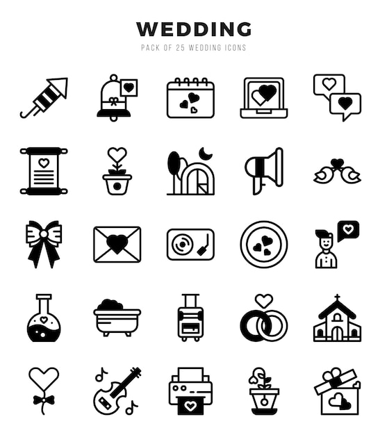 Iconos de bodas Conjunto de iconos llenos lineales Conjunto para colecciones de bodas