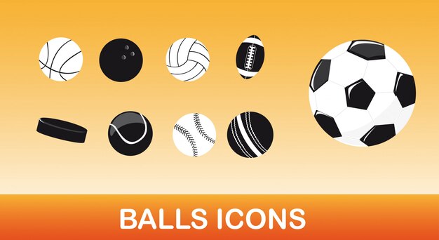 Iconos de bolas blancas y negras sobre vector de fondo naranja