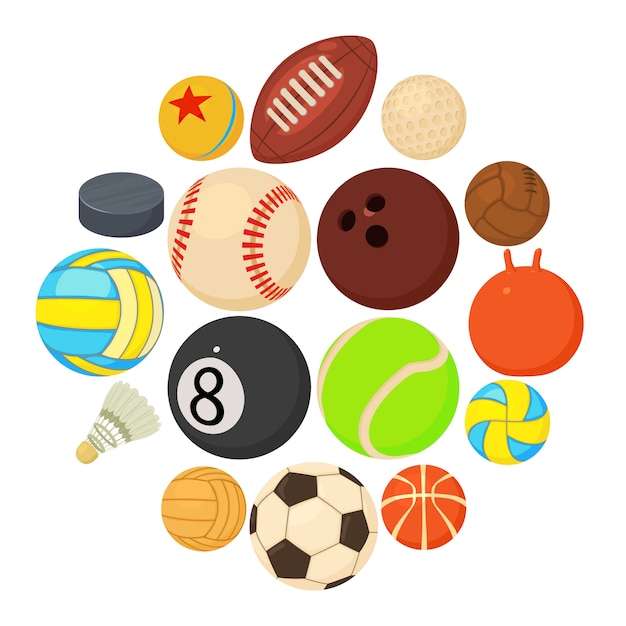 Vector iconos de bolas de deporte establecen tipos de juego, estilo de dibujos animados