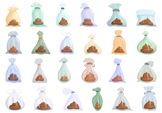 Iconos de bolsas de caca set vector de dibujos animados naturaleza mascota perro caca