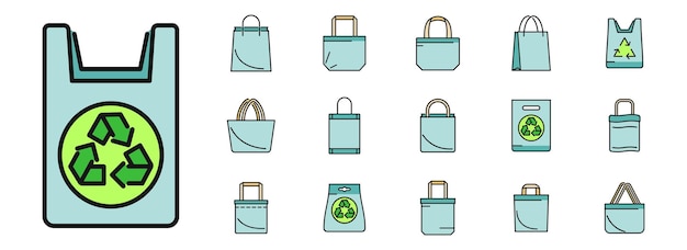 Los iconos de las bolsas ecológicas de cuidado establecen la línea de color vectorial