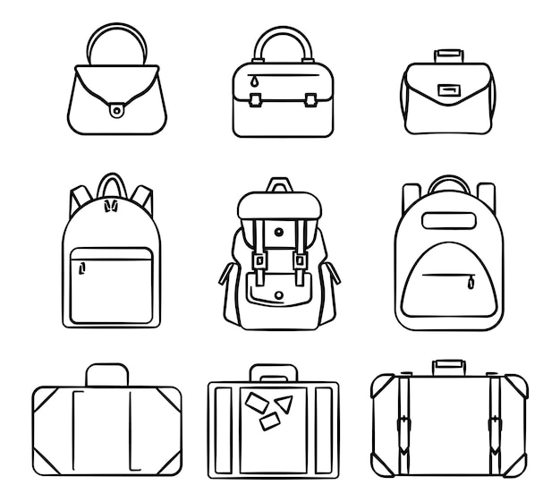 Iconos de bolsas Iconos del equipaje Bolsas femeninas maletas y mochilas
