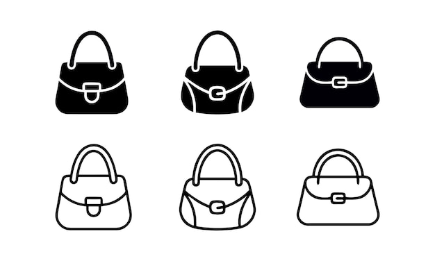 Iconos de bolso de mano elegantes en vector sólido y contorno sobre fondo blanco