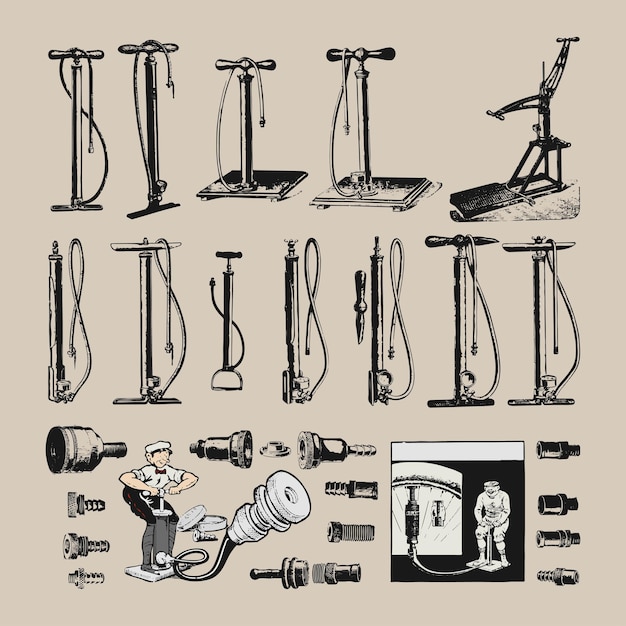 Vector iconos de bombas de aire para pies de bicicleta con logotipo retro plantilla de ilustración vintage elemento vectorial de diseño