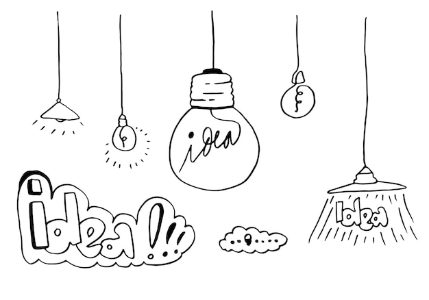 Iconos de bombilla dibujados a mano con concepto de idea estilo Doodle. ilustración vectorial