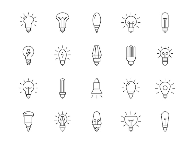 Iconos de bombilla Lámpara de línea Símbolos de filamento Idea o bombilla gráfica Potencia fluorescente Innovación e inspiración creativa Set de señales de iluminación Ilustración de diseño vectorial