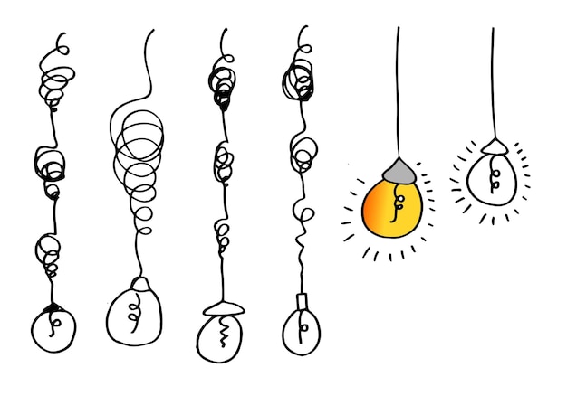Iconos de bombillas dibujados a mano con el concepto de la idea Ilustración vectorial de estilo Doodle