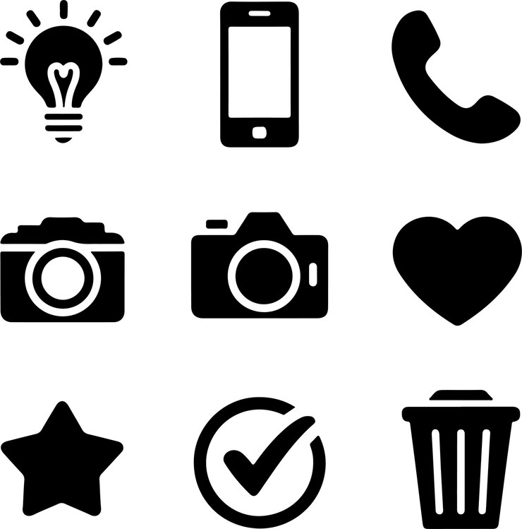 Iconos de bombillas icono de cámara icono de micrófono icono de glph icono de cerebro humano icono de corazón icono de teléfono móvil