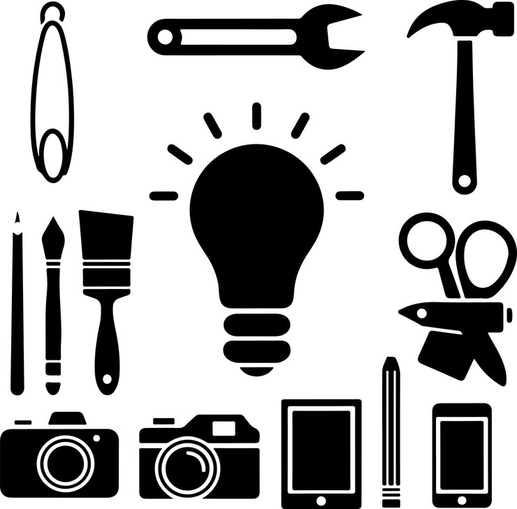 Iconos de bombillas icono de cámara icono de micrófono icono de glph icono de cerebro humano icono de corazón icono de teléfono móvil