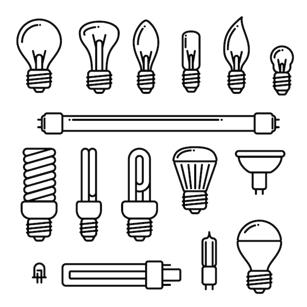 Iconos de las bombillas del vector en el fondo blanco. conjunto de diferentes tipos de bombillas