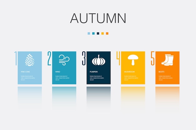 Iconos de botas de setas de calabaza de viento de cono de pino Plantilla de diseño infográfico Concepto creativo con 5 pasos