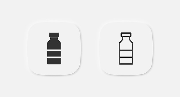 Iconos de botella de agua, leche, refrescos en símbolos de plástico, jugo en iconos de envases de vidrio, señales de productos, señales aisladas vectoriales.