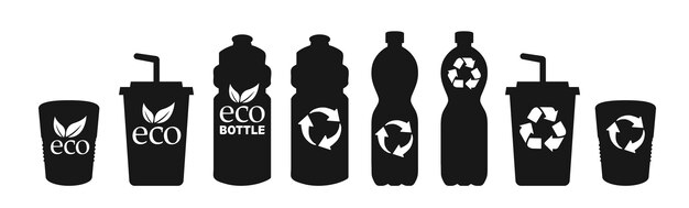 Iconos de botella de plástico con hojas verdes Iconos del reciclaje de botellas de plástico