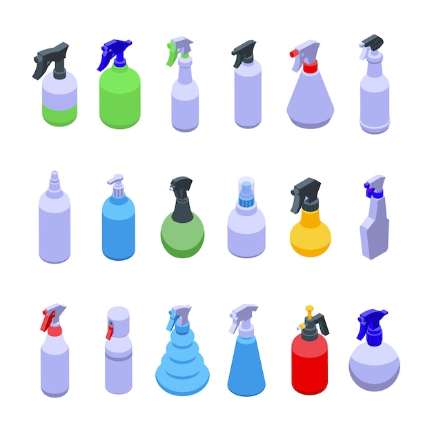 Los iconos de la botella de spray establecen vector isométrico. Limpieza de pulverizadores