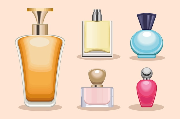 Vector iconos de botellas de cinco perfumes