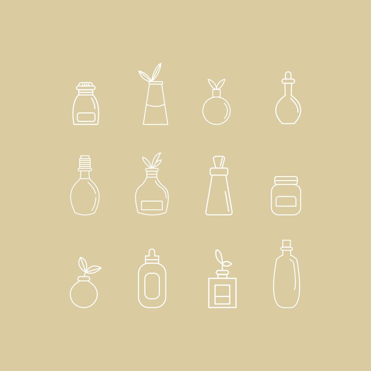 Iconos de botellas hechas a mano Icones de frascos jabón aceite belleza