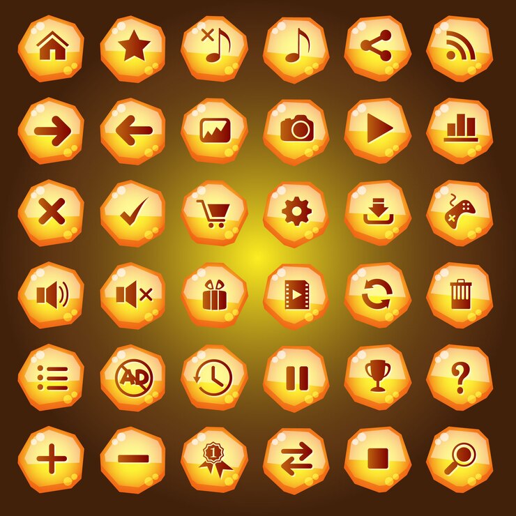 Vector los iconos de botones gui establecidos para las interfaces de juego son de color amarillo.