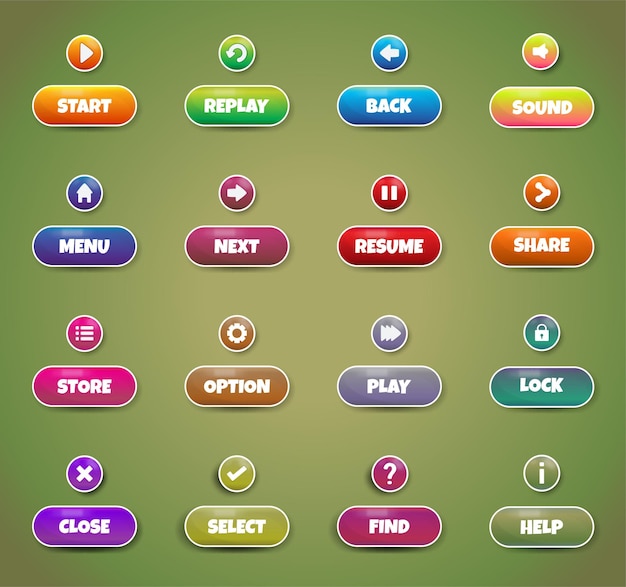 Los iconos de botones de juego coloridos establecen un activo de juego 2d aislado en un fondo degradado