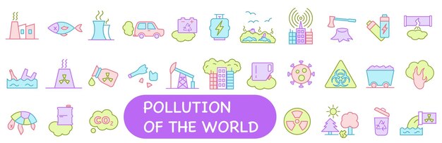Iconos brillantes de la contaminación ambiental Causas y consecuencias de la contaminación ambiental