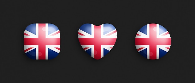 Iconos brillantes vectoriales 3D de la bandera nacional oficial del Reino Unido en forma de corazón y círculo cuadrado redondeado