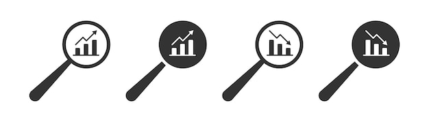 Iconos de búsqueda Gráfico que sube y baja Gráfico de informe o signo de crecimiento de ventas en lupa Ilustración vectorial