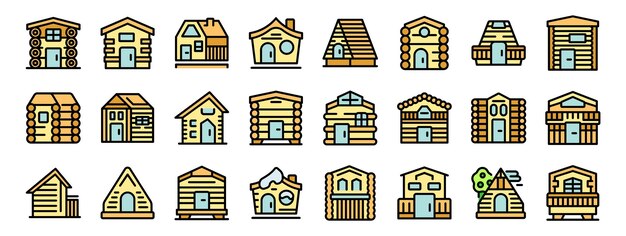 Iconos de cabañas de madera que muestran casas de madera acogedoras en lugares forestales o montañosos