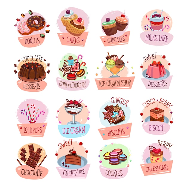 Iconos de caca de postre vectorial para cafetería de panadería