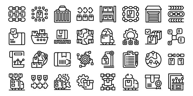 Los iconos de la cadena de suministro establecen el vector de esquema del proceso del producto del plan de exportación minorista