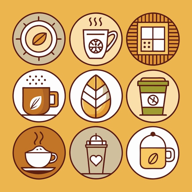 Iconos de café coloridos con varias tazas y bebidas de café