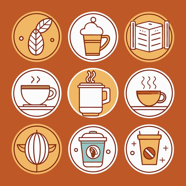Iconos de café coloridos con varias tazas y bebidas de café