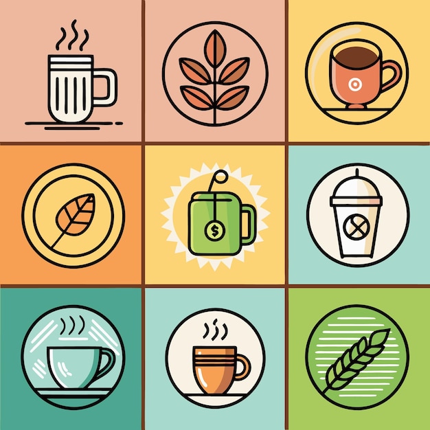 Iconos de café coloridos con varias tazas y bebidas de café