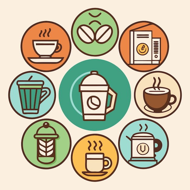 Iconos de café coloridos con varias tazas y bebidas de café