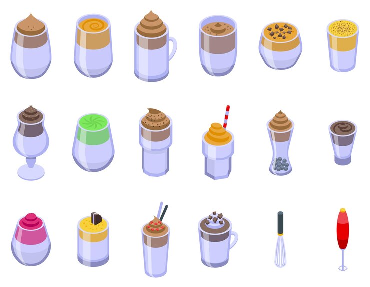 Vector los iconos de café dalgona establecen vector isométrico comida de café