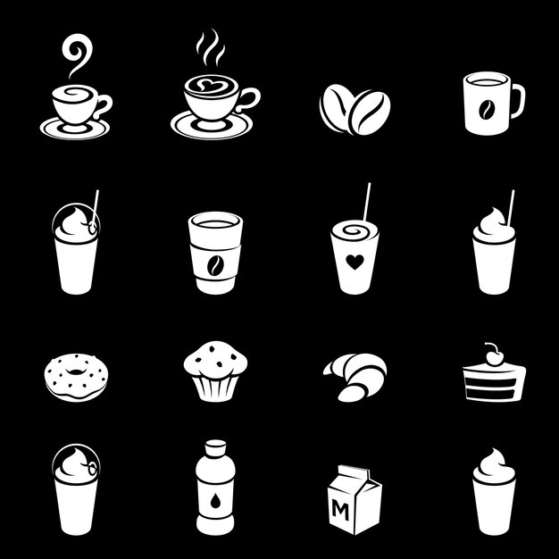 Iconos de café y desayuno con leche en una ilustración vectorial de fondo negro