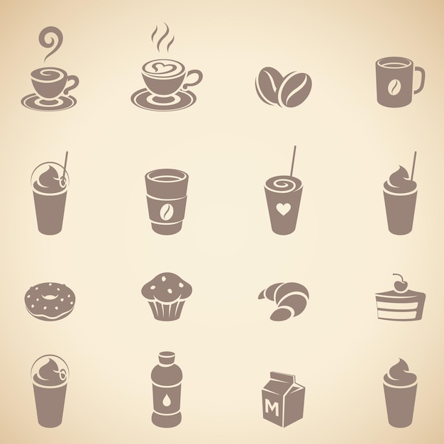 Iconos de café y desayuno marrón en una ilustración de Vector de fondo Beige