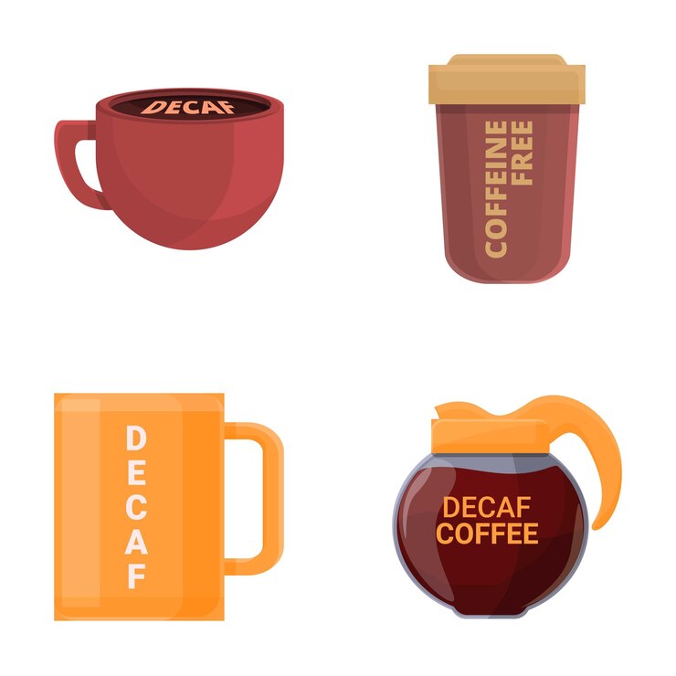 Vector iconos de café descafeinado set de vector de dibujos animados taza y tetera de café descofeinado