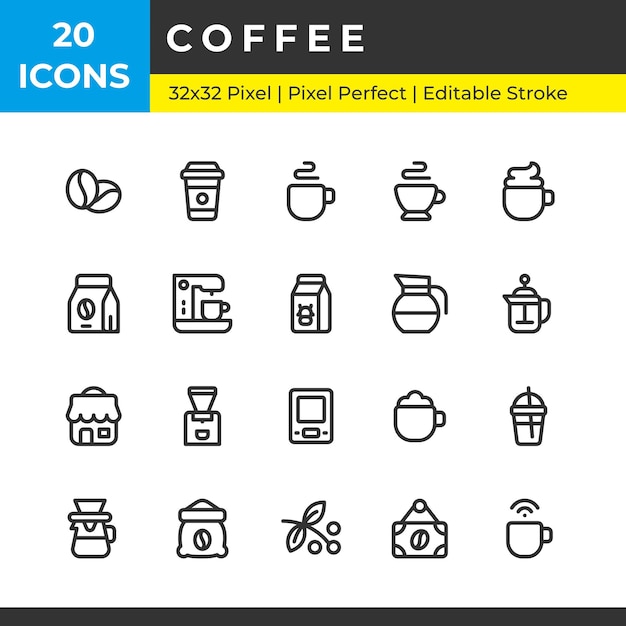 Los iconos de café establecen iconos de líneas simples y trazos editables en 32 x 32 píxeles perfectos
