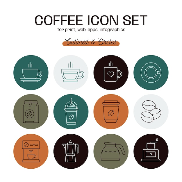Iconos de café de estilo minimalismo con contornos en círculos