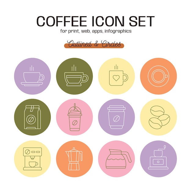 Iconos de café de estilo minimalismo con contornos en círculos