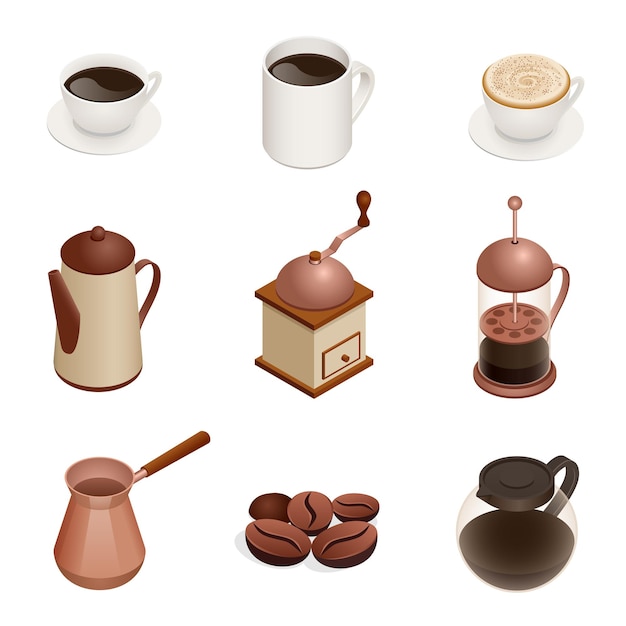 Iconos de café con fondo blanco. Concepto gráfico para sitios web, banner web, aplicaciones móviles, infografías. Ilustración isométrica vectorial plana 3d