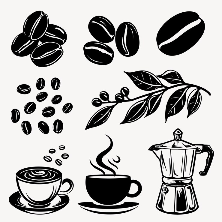Vector iconos de café frijoles tazas hojas