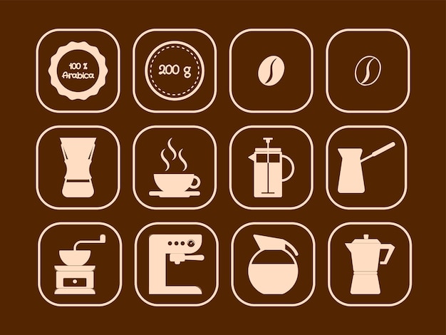 Iconos de café en marcos transparentes ideal para etiquetar envases de café