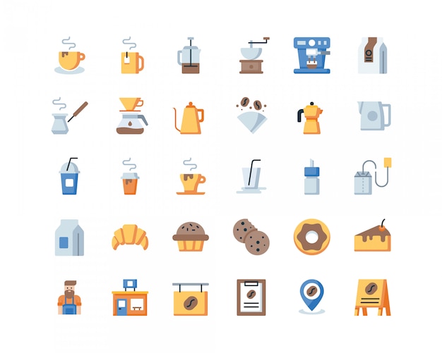 Iconos de café plano.