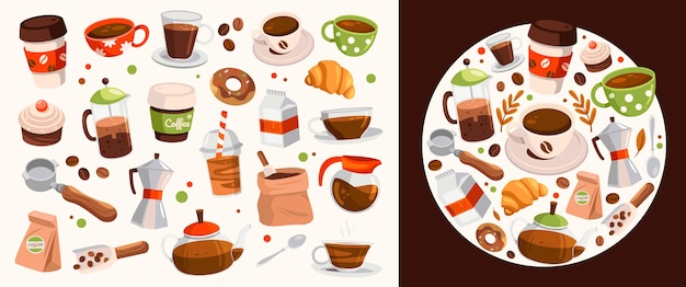 Iconos de café planos dibujados a mano y conjunto de ilustraciones