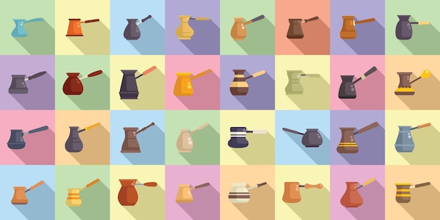 Los iconos de la cafetera turca establecen vector plano Cafe cook