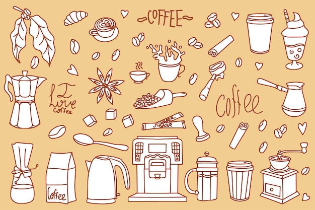 Iconos de cafetería de dibujos animados bonitos conjunto de diseños de café dibujados a mano bebidas, bocadillos y utensilios de café contorno vectorial de café y panadería dibujado a mano para el menú de la cafetería