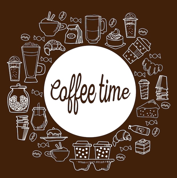 iconos de cafetería de dibujos animados dibujados a mano para el café y la panadería para el menú de la cafetería