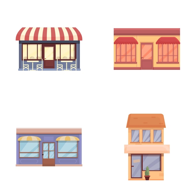 Los iconos de la cafetería de verano establecen el vector de dibujos animados de la fachada colorida de la café con dosel