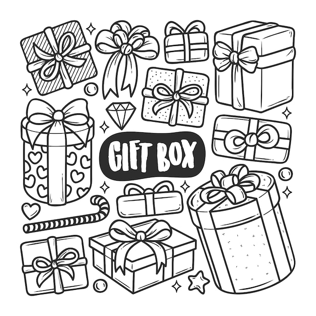 Vector iconos caja regalo dibujado mano doodle para colorear