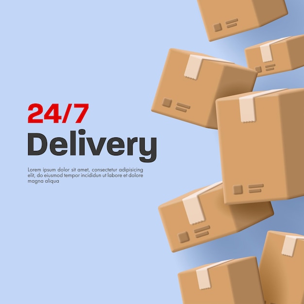 Iconos de cajas de cartón 3D con símbolos que vuelan en el aire con un póster o volante de envío de promoción de entrega 24 7
